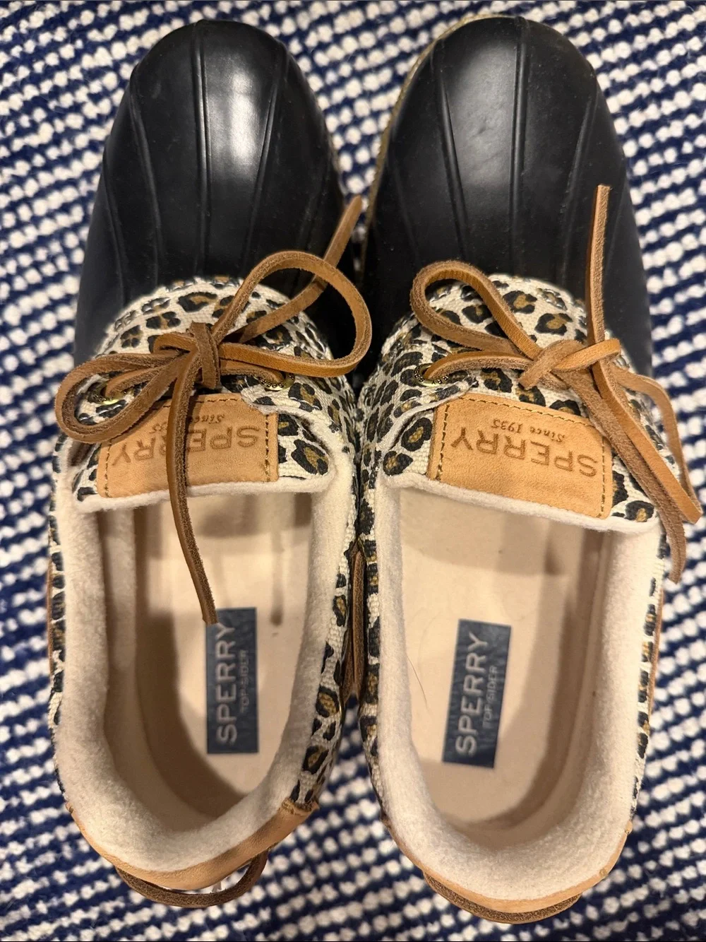 Sperry Black Duck Boot with Leopard Cuff and Tan Laces